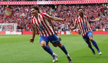 Julián Álvarez celebra uno de sus goles ante el Real Madrid.