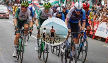 Fotomontaje con una imagen de La Vuelta de este año (EFE) con corredores del Israel Premier-Tech y banderas de Palestina de fondo. En el centro, unos ciclistas con las vistas al Teide.