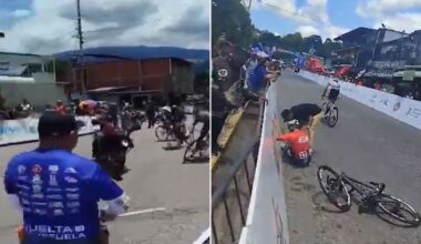 La imprudente maniobra de un policía que generó un impactante accidente en una carrera de ciclismo