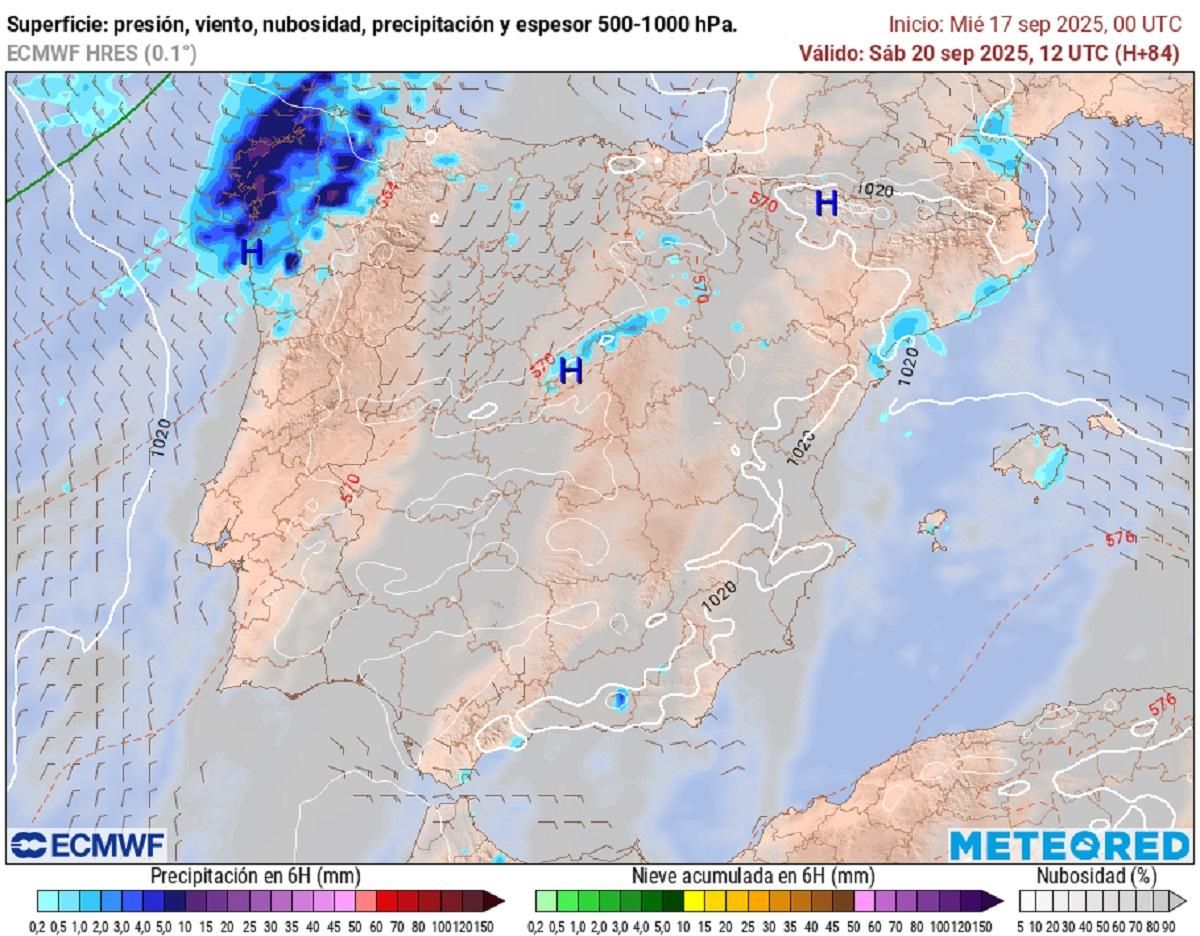 Previsión de lluvia para el sábado, según el modelo ECMWF