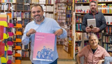 Jacobo Ucha, de Follas Novas: Al lado, Óscar Porral, de la librería Bandini y, debajo, Pío Barreiro, de Komic.