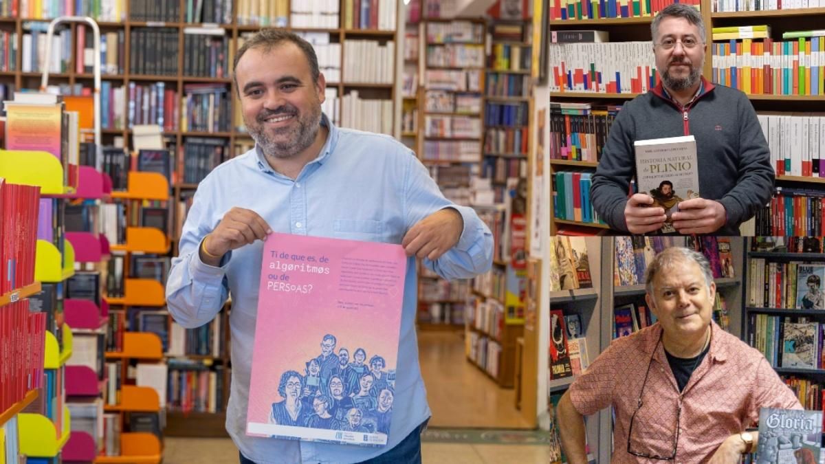 Jacobo Ucha, de Follas Novas: Al lado, Óscar Porral, de la librería Bandini y, debajo, Pío Barreiro, de Komic.