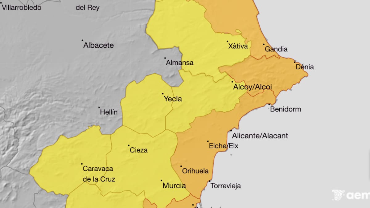 Mapa de la Aemet por avisos por lluvias torrenciales este martes. / Aemet