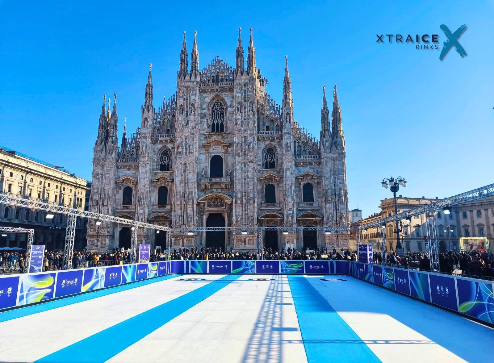 Una pista de hielo sintético preparada por Xtraice en Milán.