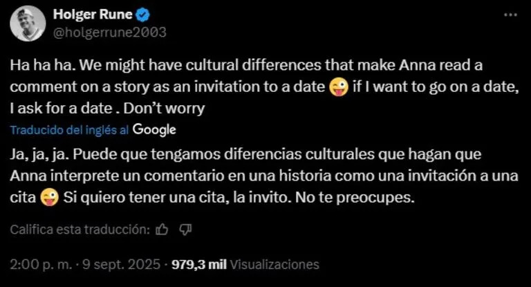 La respuesta de Rune ante la acusación de la tenista rusa