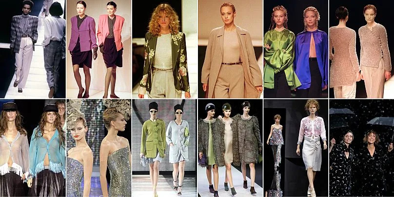 Algunas de las creaciones de Armani entre 1985 y 2024