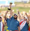 ROME, ITALY - OCTOBER 01:  Jon Rahm of Team Europe lifts the Ryder Cup trophy following victory with 16 and a half to 11 and a half win following the Sunday singles matches of the 2023 Ryder Cup at Marco Simone Golf Club on October 01, 2023 in Rome, Italy. (Photo by Patrick Smith/Getty Images)