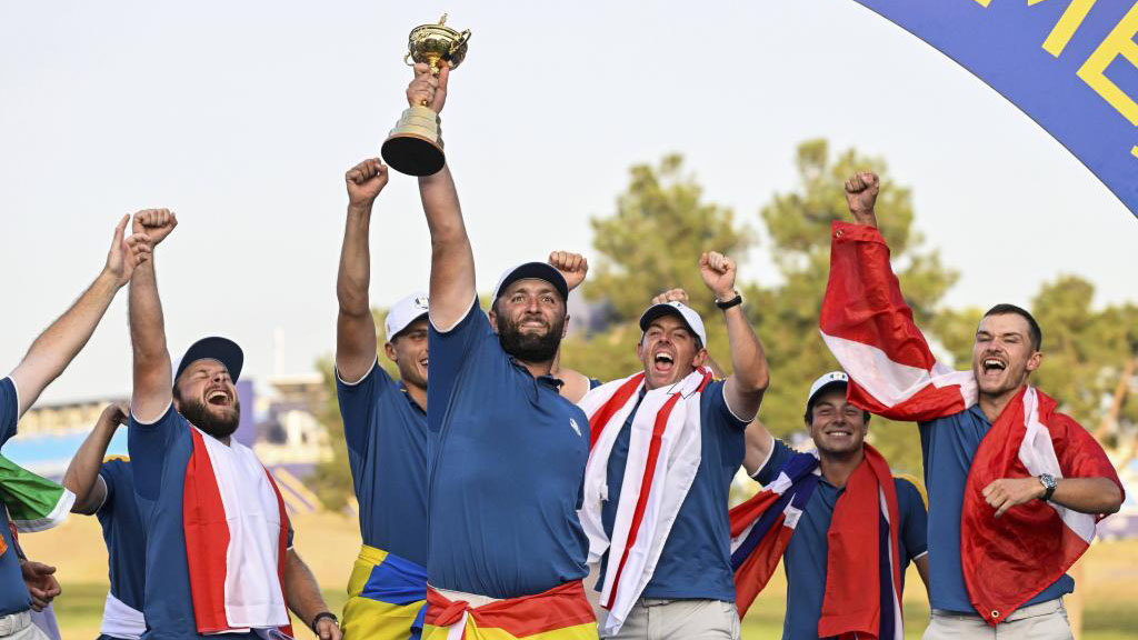 Jon Rahm celebra la victoria en la última edición de la Ryder Cup de Roma en 2023.
