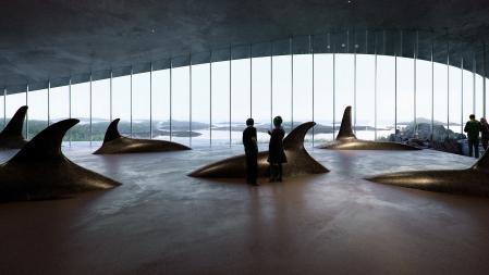 Interior de The Whale, un espacio experiencial con grandes ventanales