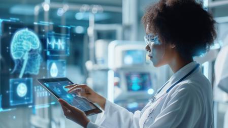 Virtual AI Assistant displayed on a tablet or screen. Artificial intelligence emerging role in patient interaction and telemedicine. accessible, AI-enhanced healthcare services.