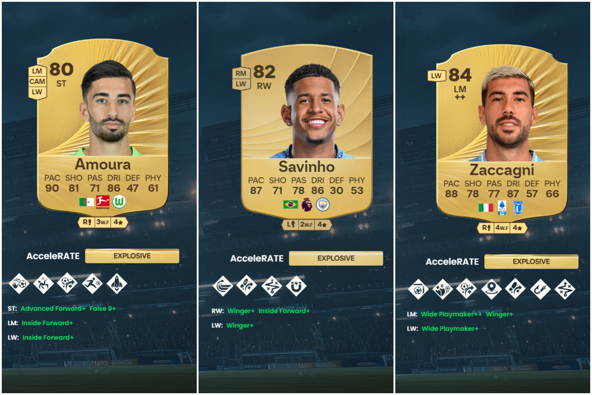 Las cartas de Amoura, Savinho y Zaccagni en FC 26