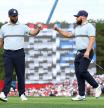 Golf - The 2025 Ryder Cup - Bethpage Black Golf Course, Farmingdale, New York, United States - September 26, 2025 Team Europe's Jon Rahm and Tyrrell Hatton celebrate on the 11th hole during the foursomes REUTERS/Brendan Mcdermid