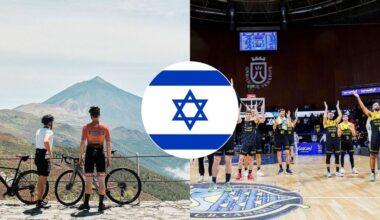 Fotomontaje con varios ciclistas en el Parque Nacional del Teide y la plantilla del CB Canarias en el Santiago Martín de fondo y la bandera de Israel en la parte delantera de la imagen
