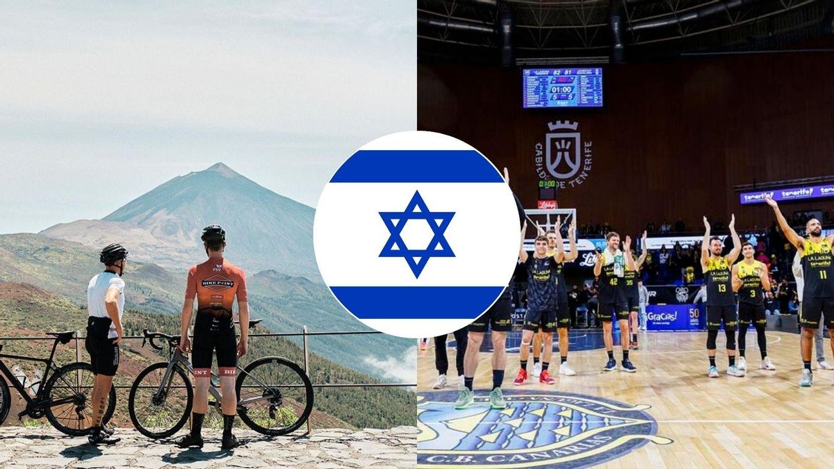 Fotomontaje con varios ciclistas en el Parque Nacional del Teide y la plantilla del CB Canarias en el Santiago Martín de fondo y la bandera de Israel en la parte delantera de la imagen