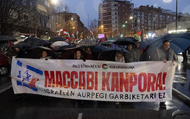 Manifestación contra la presencia del Maccabi del pasado mes de feberero, organizada por la Plataforma Palestinarekin Elkartasuna.