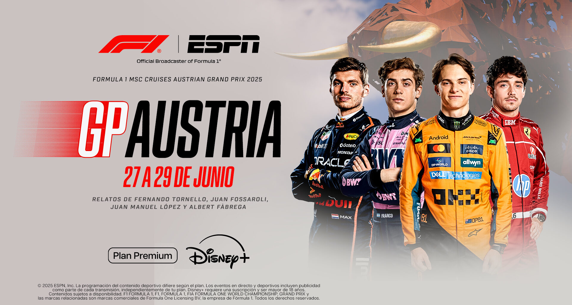 ESPN trae a DISNEY+ el prometedor GP de Austria de F1, con un Colapinto ilusionado por sumar