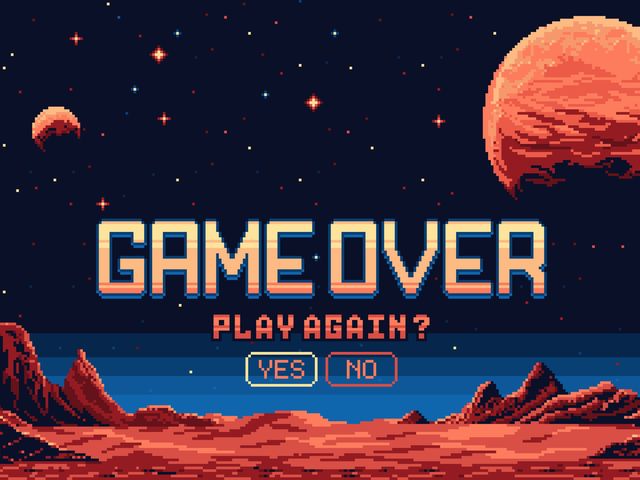 8 bit pixel art video juego sobre pantalla, Marte planeta superficie paisaje. Vector juego de arcade de fondo, juego de computadora sobre la notificación con sí o no botones de elección. Galaxy aventura 8bit consola gamer