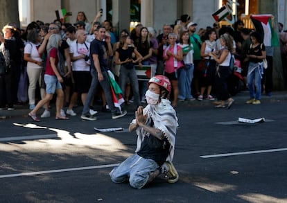 Un manifestante, durante la protesta propalestina en Madrid. 