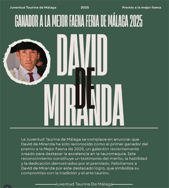 David de Miranda, galardonado con el I Premio a la Mejor Faena 2025 de la Juventud Taurina de Málaga