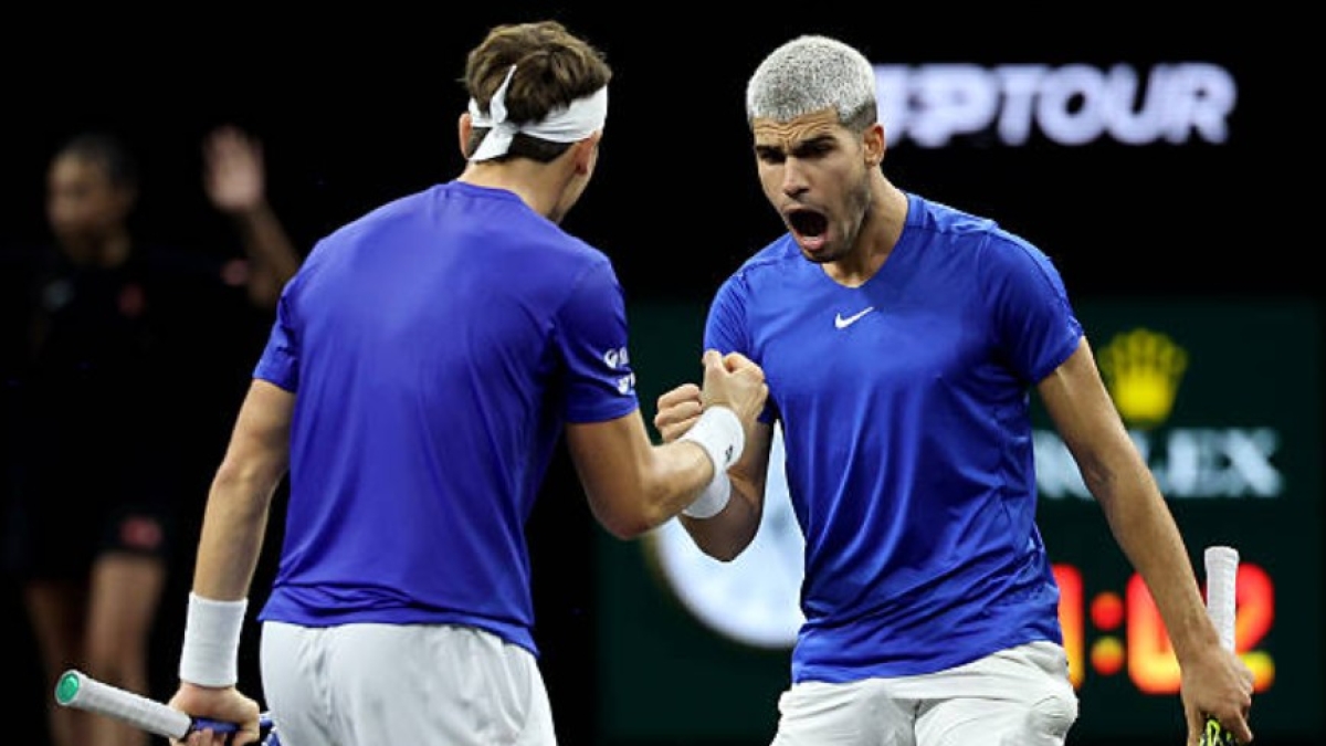 Carlos Alcaraz y Casper Ruud en la Laver Cup 2025. Foto: Getty