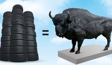 Crean en León una escultura de bisonte europeo de 750 kg con neumáticos reciclados
