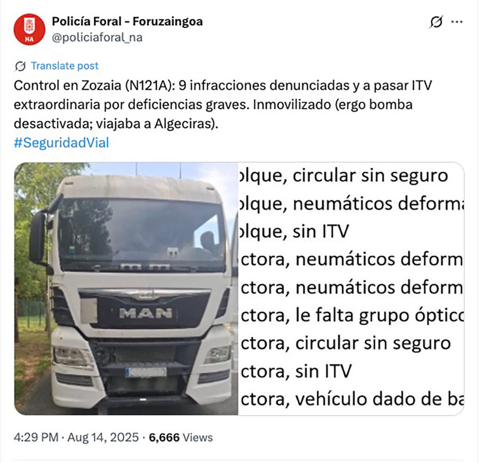 text announcement regarding a traffic control involving a truck with violations