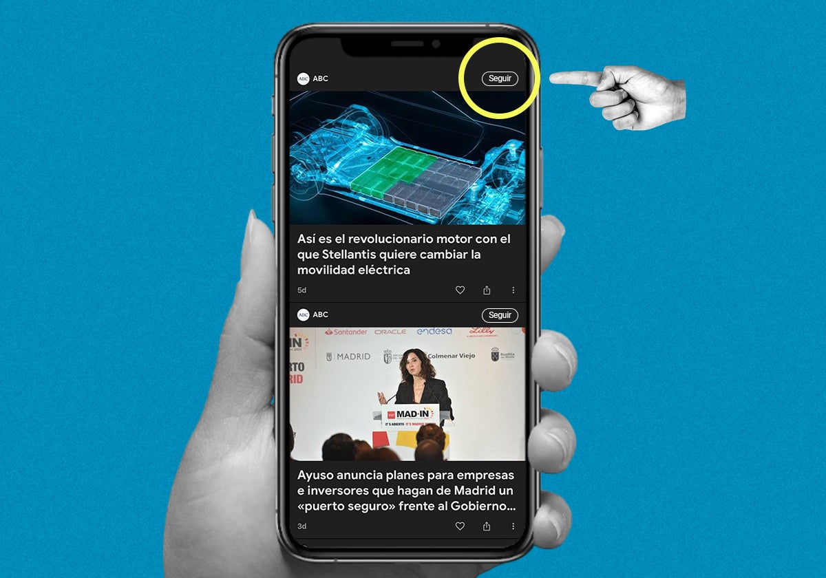 Recreación de cómo te mostrará Google Discover las noticias de ABC y el botón donde puedes darle para seguirnos.