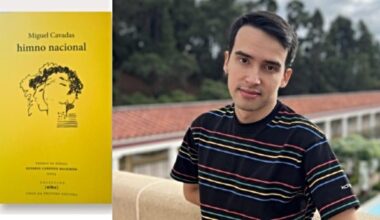 Miguel Cavadas, al lado, portada de su libro de poemas, 'Himno nacional'