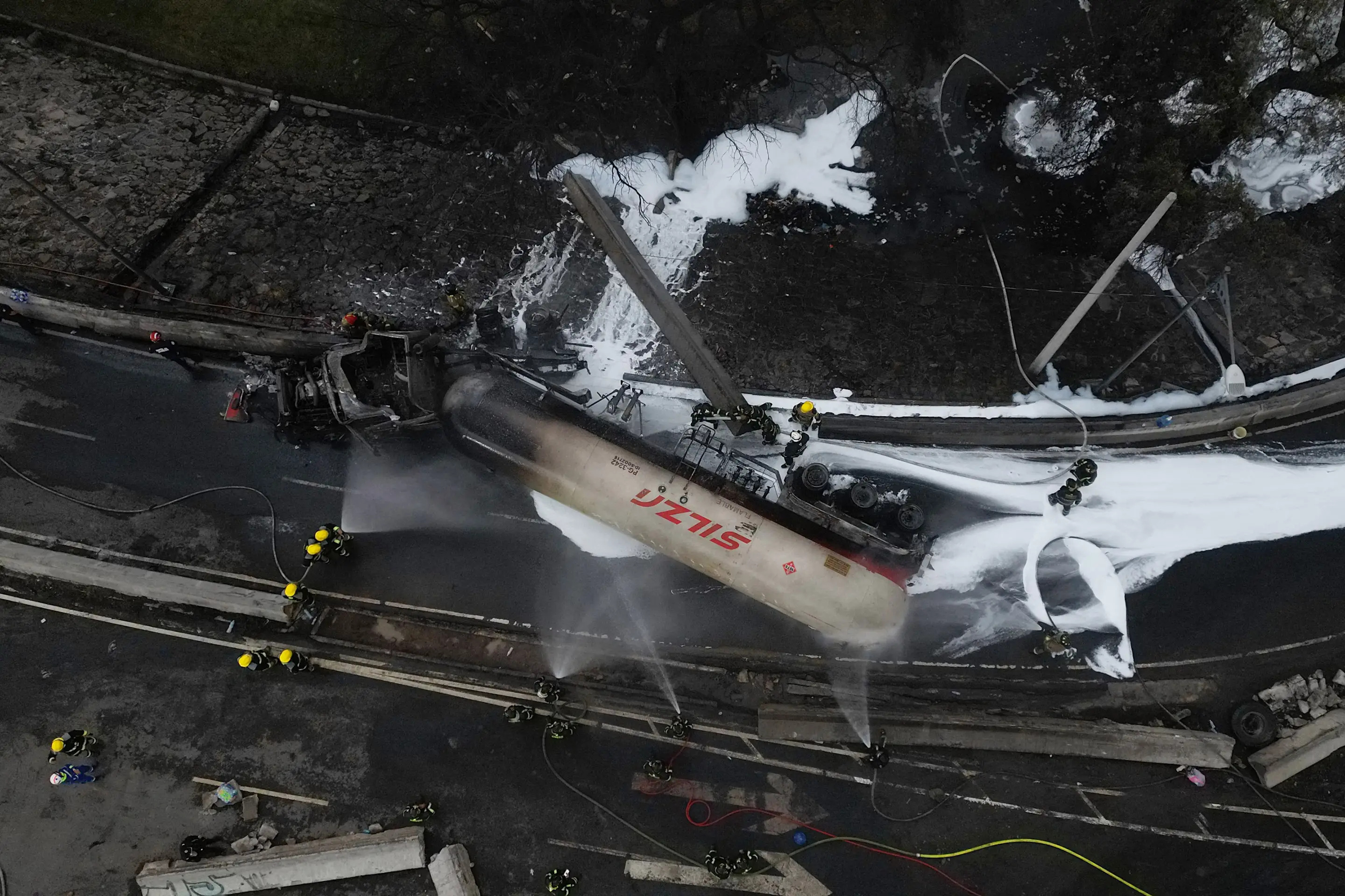 MEXICO CITY, MEXICO - SEPTEMBER 10: Firefighters work in the area following a massive gas tanker explosion, in Mexico City, Mexico on September 10, 2025. The explosion left at least 70 people injured and 3 killed, authorities reported. (Photo by Daniel Cardenas/Anadolu via Getty Images)