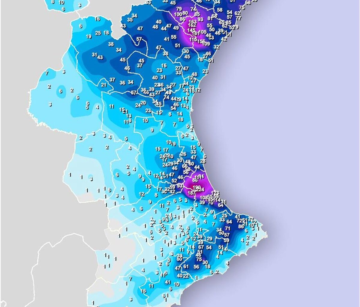 Las lluvias descargan con intensidad en La Safor y superan los 200 l/m2 en Gandia