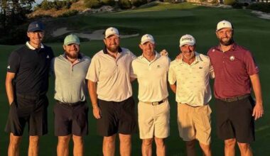 De izquierda a derecha: Rasmus Hojgaard, Tyrrell Hatton, Shane Lowry, Rory McIlroy, José María Olazábal y Jon Rahm.