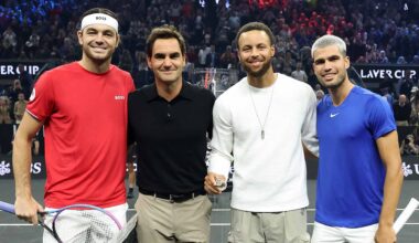 Steph Curry se unió a Roger Federer para el sorteo en la red del duelo entre Alcaraz y Fritz en la Laver Cup.