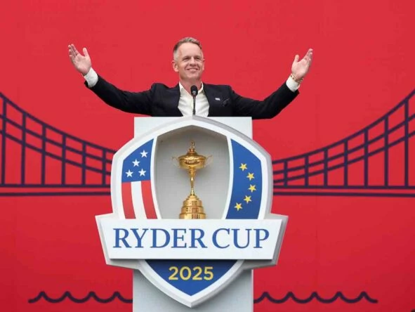 Luke Donald, durante su discurso en la ceremonia de inauguración de la Ryder Cup. (Photo by Scott Taetsch/PGA of America)
