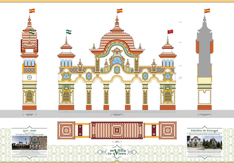 La portada de la Feria de Abril de Sevilla 2026 fusiona el Pabellón de Portugal y el Cenador de Carlos V del Alcázar