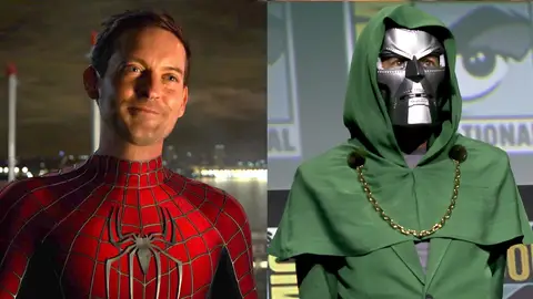 Tobey Maguire como SpiderMan y Robert Downey Jr .anunciando que será Doctor Doom en Marvel
