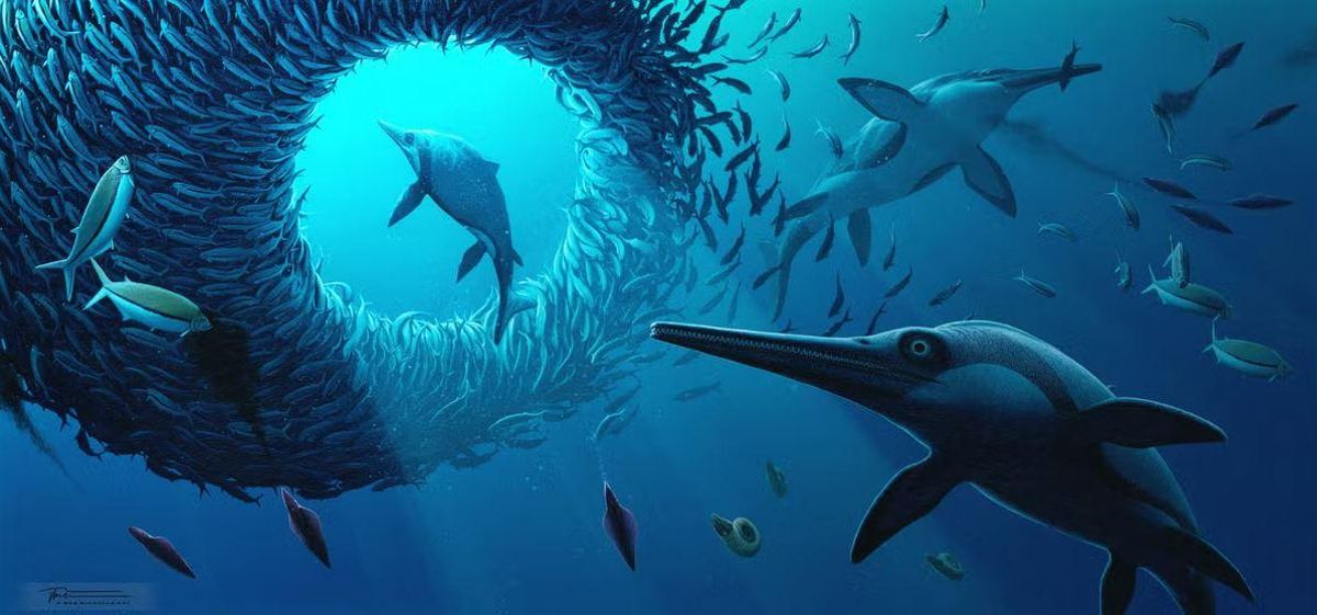 Recreación de ictiosaurios en el mar