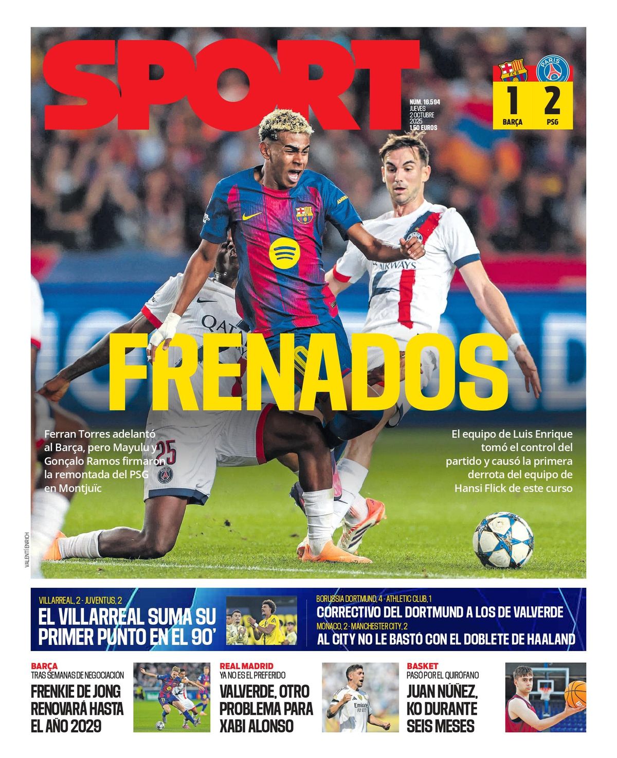 Esta es la portada de SPORT de hoy jueves, 2 de octubre de 2025