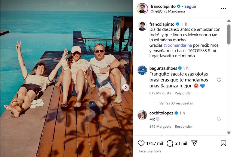 El posteo de Colapinto en su cuenta de Instagram