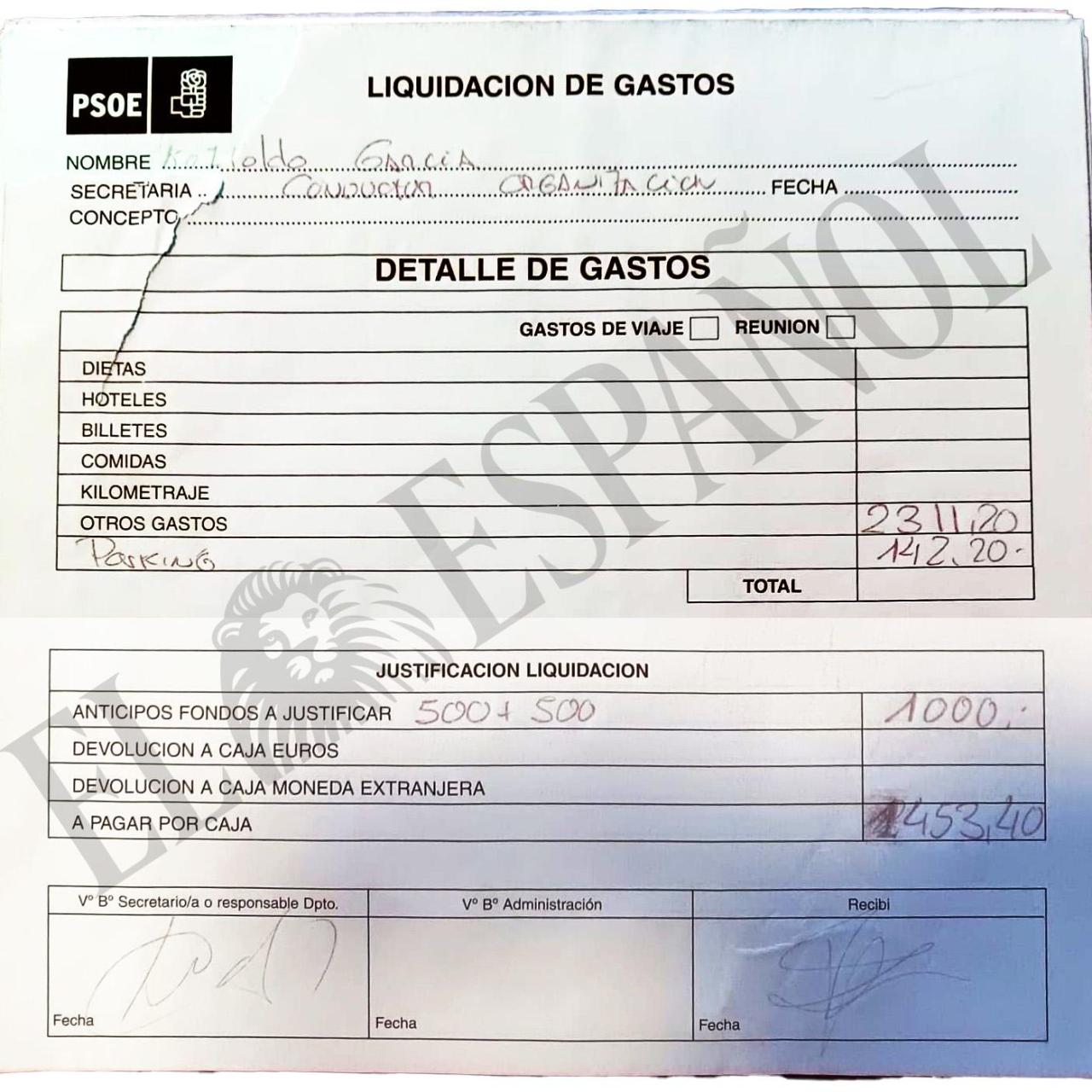 Documento 1. Hoja de liquidación de gastos de Koldo García por 2.453,40 euros, con 1.000 euros de anticipo, no declarada por el PSOE.