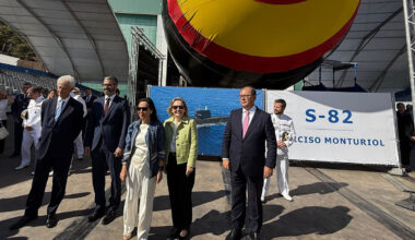 La ministra de Defensa, Margarita Robles, durante el acto en las instalaciones de Navantia, en Cartagena (Murcia)