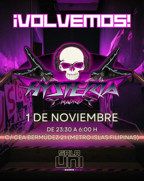 La Sala HYSTERIA de MADRID regresa el 1 de Noviembre