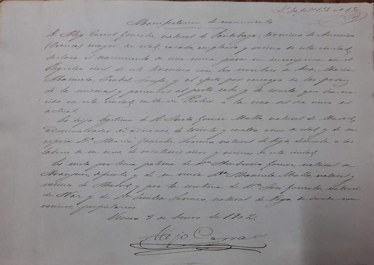 Comunicación de nacimiento de Maruja Mallo encontrada en los juzgados de Viveiro. XUNTA DE GALICIA