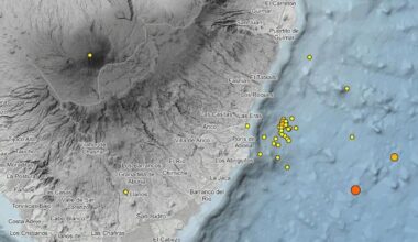 Mapa del IGN donde aparecen los seísmos del enjambre que se está registrando frente a la costa sur de Tenerife.