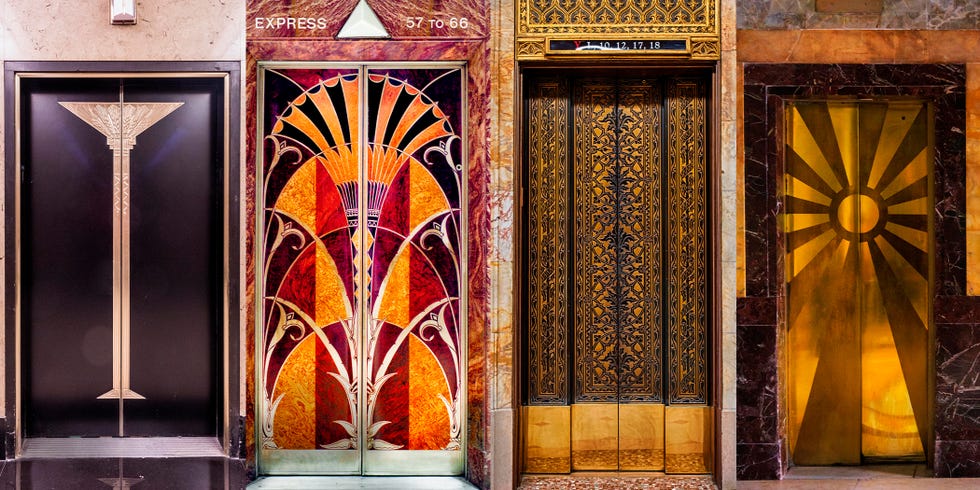 Elevator doors with Art Deco designs.