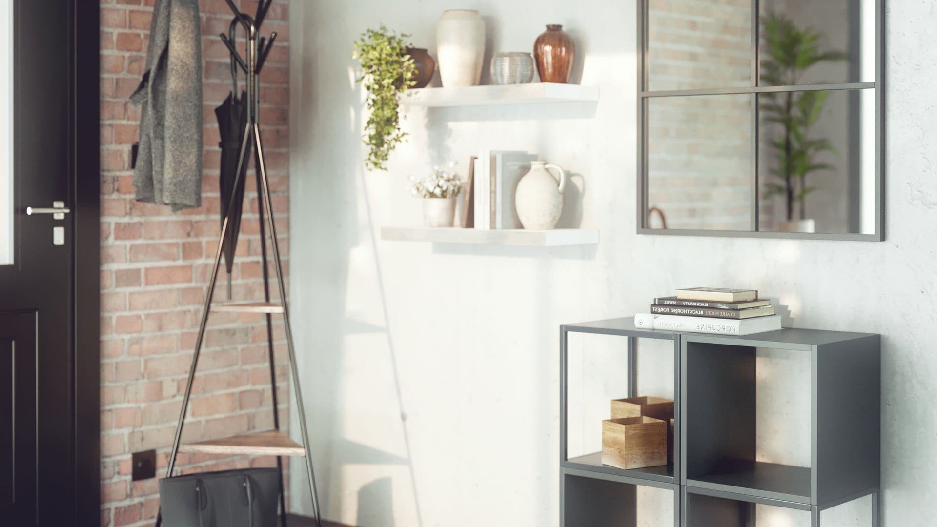 Recibidor con espejo, estantería baja, perchero de pie, pared de ladrillos, baldas