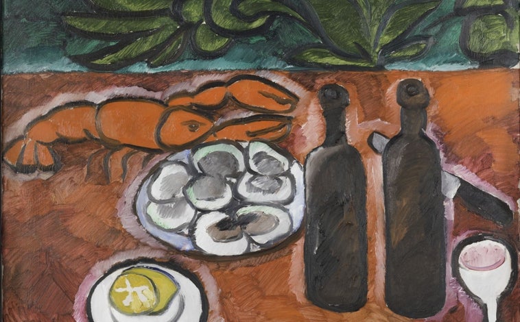 Imagen principal - De arriba abajo, 'Naturaleza muerta con bogavante' (1909-1910), de Natalia Goncharova,; 'Metamorfosis del violín' (1920-1952), de Le Corbusier; y 'Bizantina (Labios claros)', de Alexej Von Jawlensky, oba de 1913