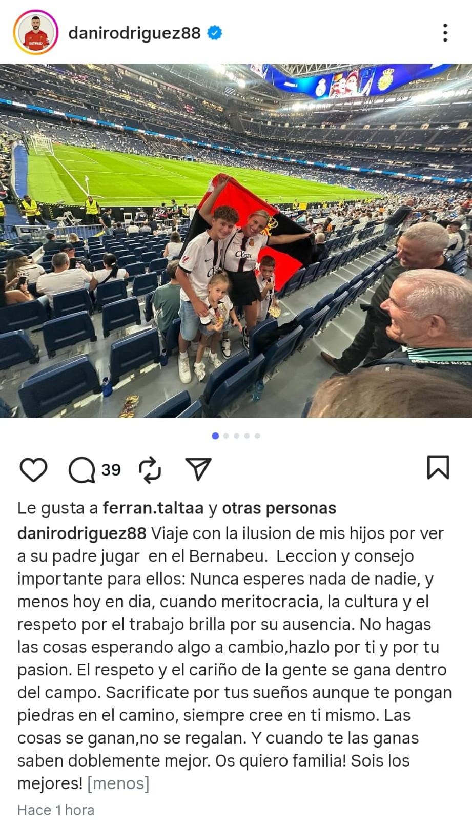 El mensaje de Dani Rodríguez en sus redes sociales.