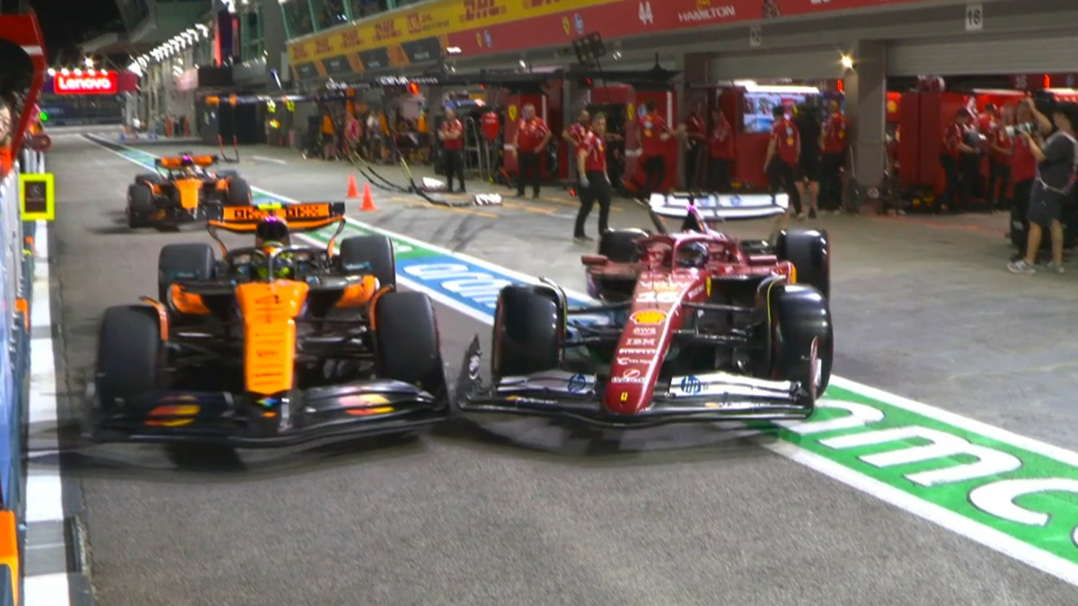 ¡Leclerc choca con Norris al salir de boxes!