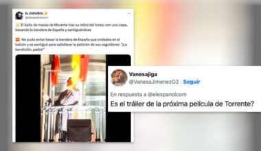 La grotesca escena del torero Morante de la Puebla en un balcón, en bata, con una copa y besando la bandera: "¿Es el tráiler de la próxima de Torrente?"