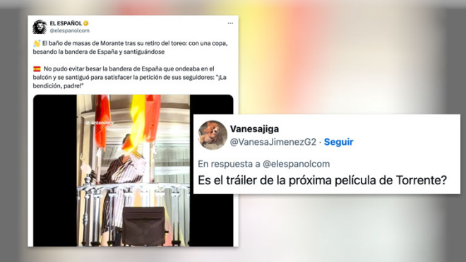 La grotesca escena del torero Morante de la Puebla en un balcón, en bata, con una copa y besando la bandera: "¿Es el tráiler de la próxima de Torrente?"